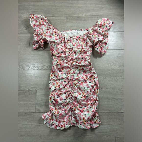 Zara Ruffle Ruched Floral Print Off-Shoulder Mini Dress - Picture 3 of 10